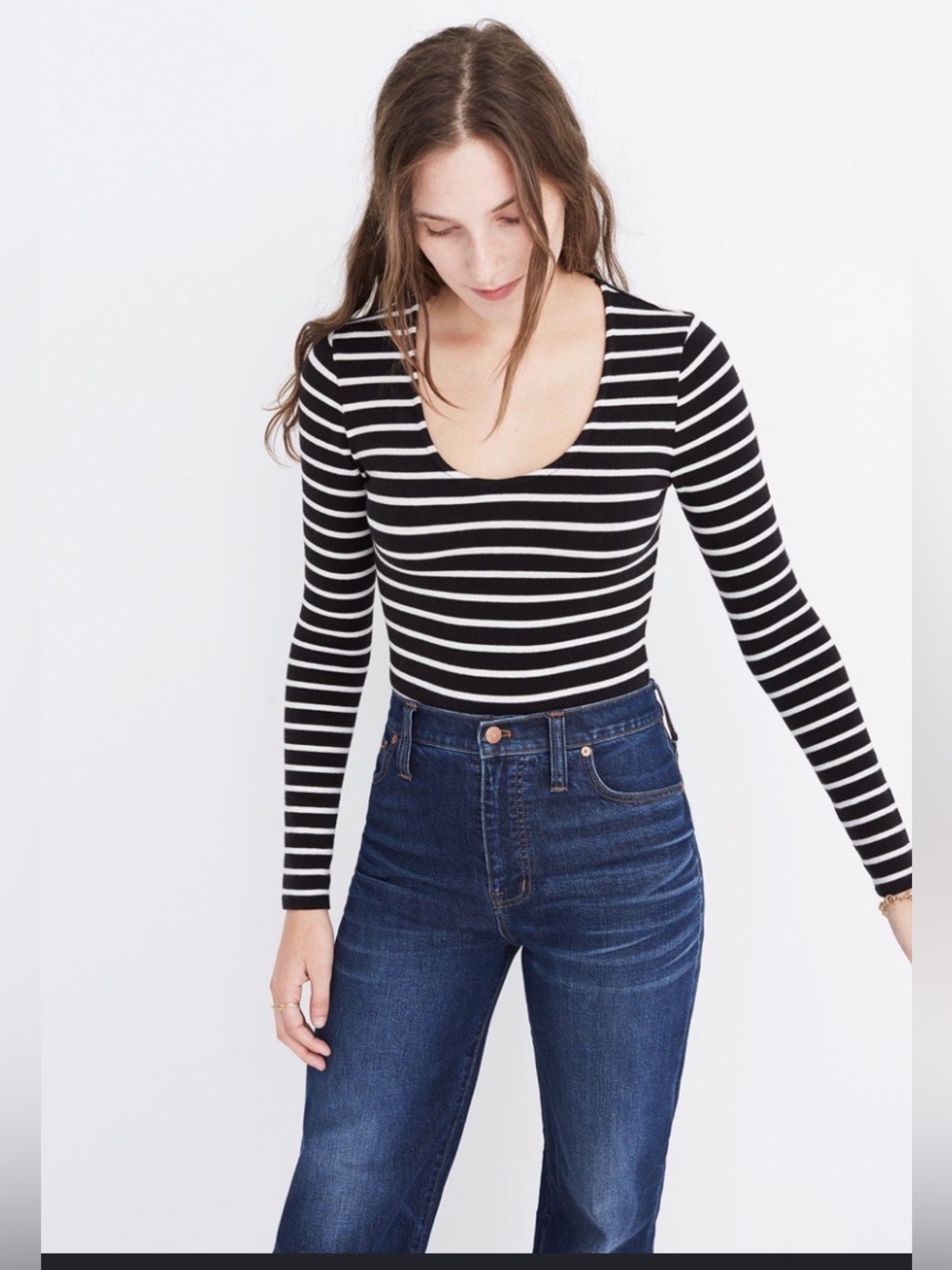 Black & White Striped Scoop Neck Long Sleeve Top